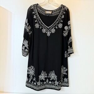 Vintage Collection Black Floral Beaded Embroidered Womens XL Tunic Blouse